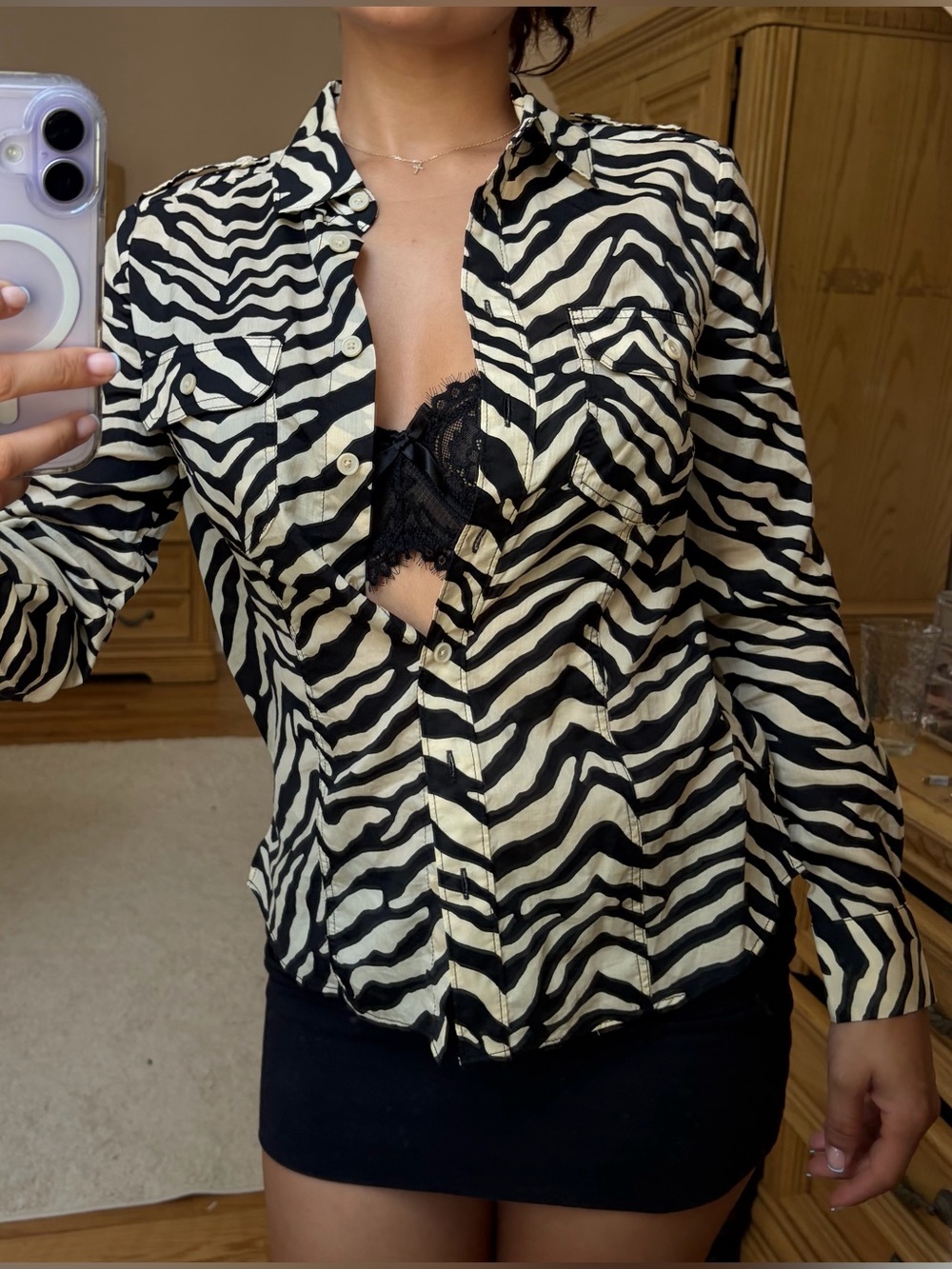 Banana Republic Zebra Print Button-Up Shirt - Black & Cream Women’s Top